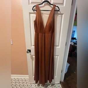 Dusty rose velvet Jenny Yoo dress w/ deep V-neck, fitted waist and flowing skirt